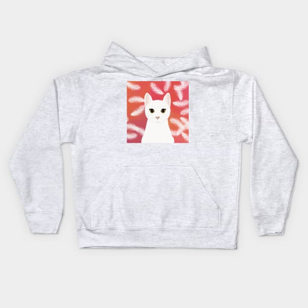 The cute white cat queen is watching you , white feathers on the colorful  background Kids Hoodie by marina63